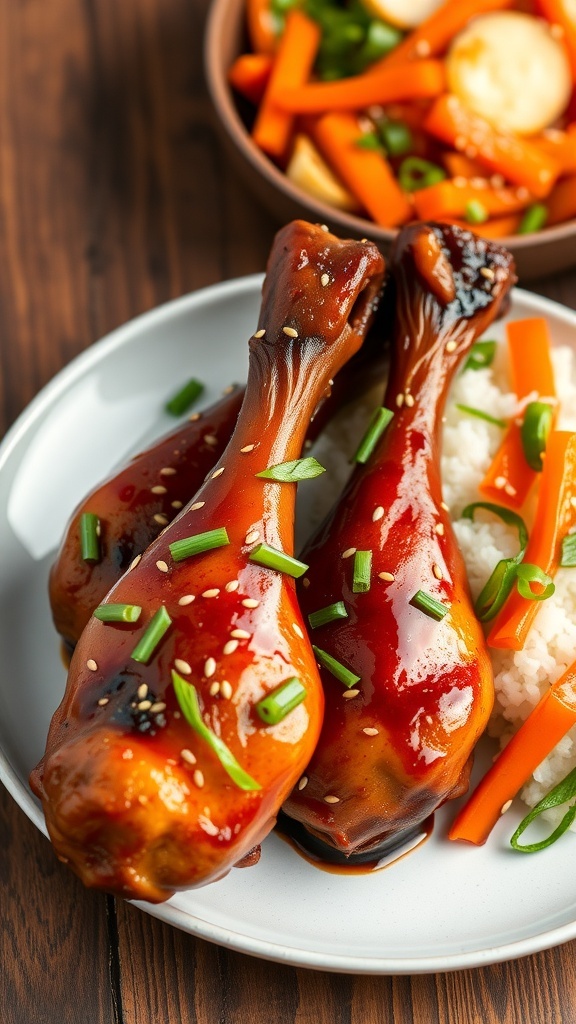 A plate of glazed Asian Zing chicken drumsticks garnished with green onions and sesame seeds, served with rice and vegetables.